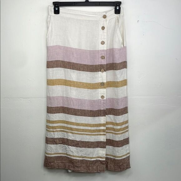 Rachel Zoe Midi Skirt Linen Asymmetric Button Striped Tan Elastic Waist Large - Picture 1 of 10